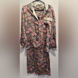 Vintage La Senza 2pc set floral satin pyjamas button up pants pink 90s roses Sm